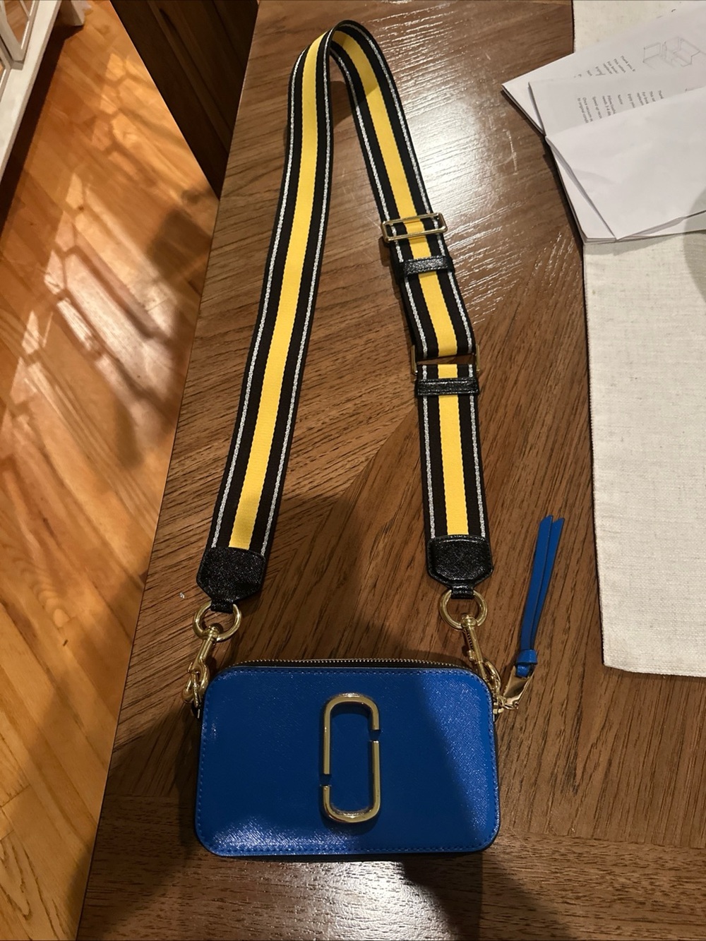 Marc Jacobs Blue Crossbody with Yellow-Striped Strap